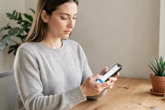 Femme connectée à son compte Cdiscount sur mobile depuis son bureau à domicile