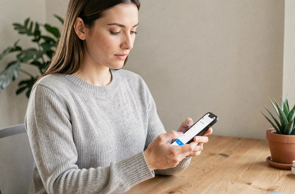 Femme connectée à son compte Cdiscount sur mobile depuis son bureau à domicile