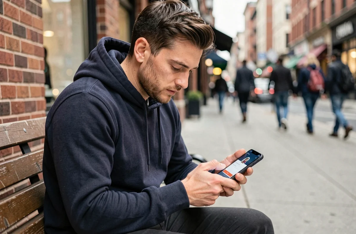 Homme se connectant à son compte Cdiscount sur smartphone en ville