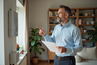 Consultant énergie tenant un rapport DPE devant chauffage moderne