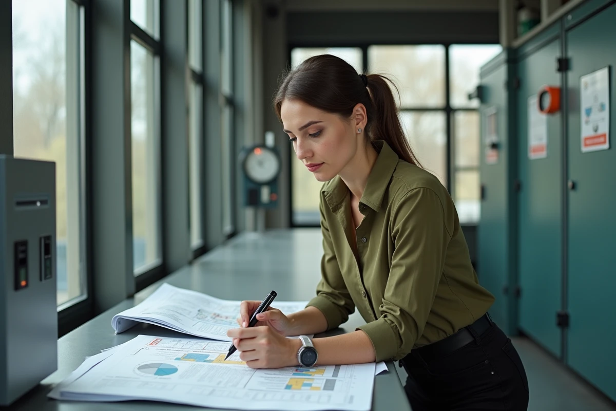 Femme énergéticienne analysant une carte dans une salle de contrôle