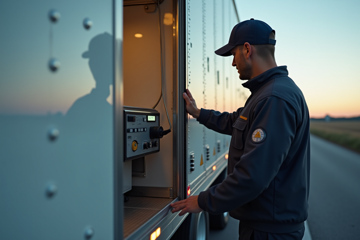 Conducteur inspectant les controles de refrigeration du camion