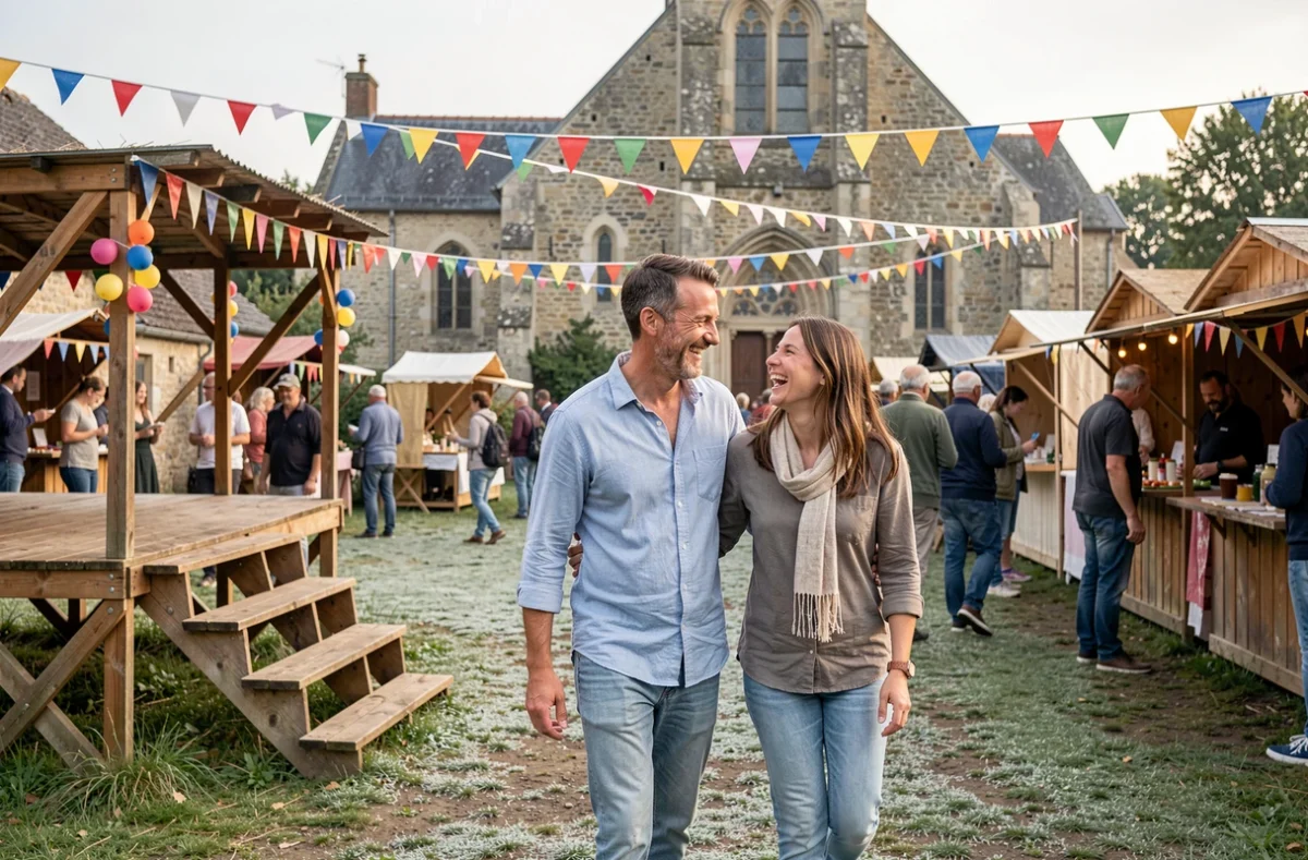 Couple arrivant tôt à une fête de village française pour profiter des moments calmes avant la foule