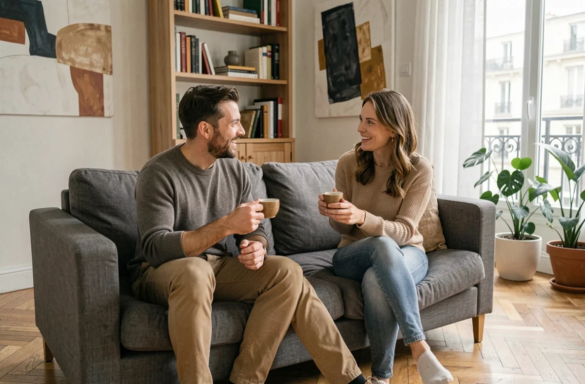 Couple assis ensemble dans un appartement parisien moderne, en conversation détendue, atmosphère chaleureuse et naturelle