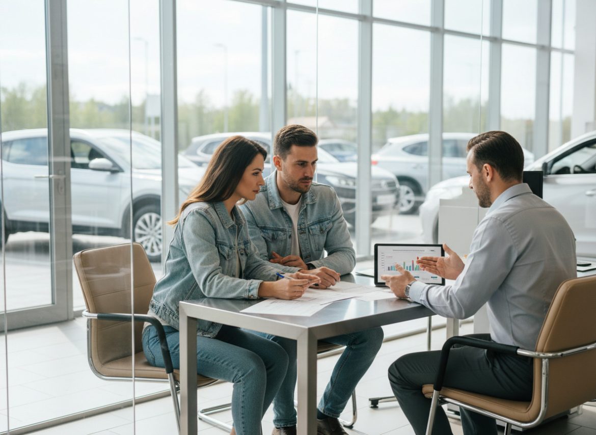 Jeune couple discute financement auto en concession