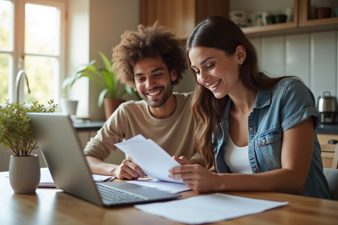Jeune couple souriant avec documents financiers et ordinateur