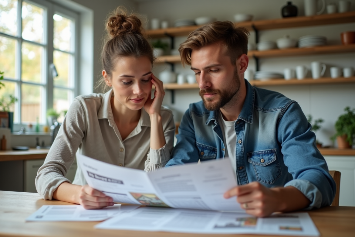 Jeune couple discutant de finances et achat immobilier