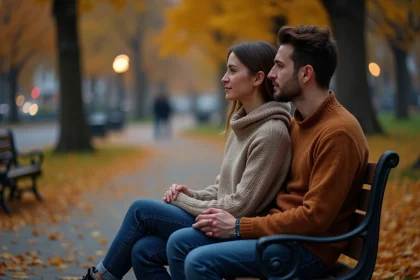 Jeune couple assis sur un banc dans un parc en automne