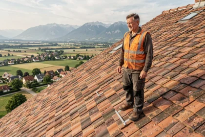 Couvreur professionnel sur un toit en tuiles alsaciennes avec vue sur les collines du Bas-Rhin