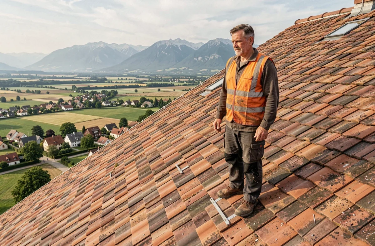 Couvreur professionnel sur un toit en tuiles alsaciennes avec vue sur les collines du Bas-Rhin