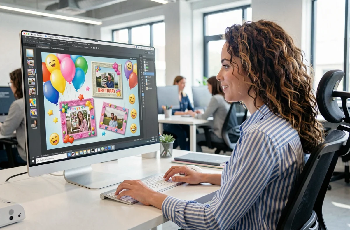 Jeune femme utilisant un logiciel de création de GIF d'anniversaire sur un grand écran dans un espace de travail moderne