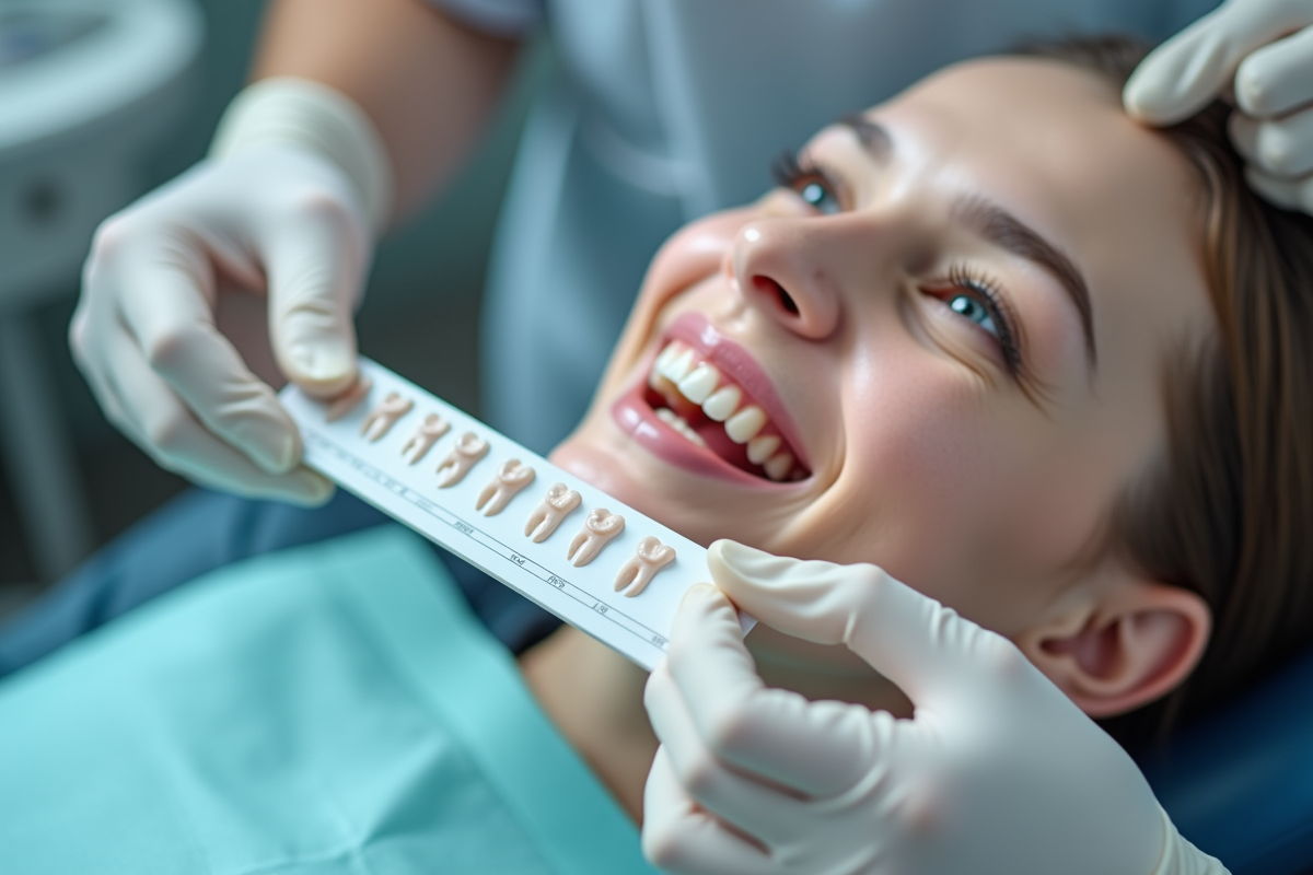 Dentiste tenant un guide de teinte à côté des dents du patient