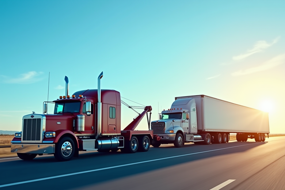 Remorqueur lourd aidant un grand camion sur l'autoroute ensoleillee