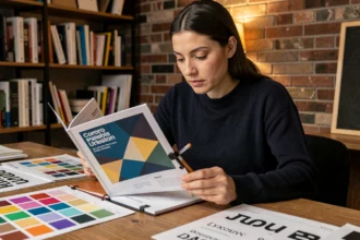 Designer graphique étudiant une brochure agrafée 8 pages avec échantillons de couleurs et typographies sur un bureau en bois de studio créatif