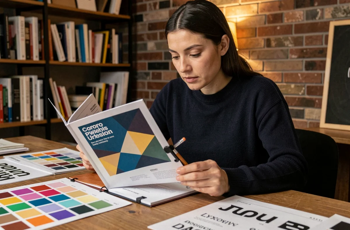 Designer graphique étudiant une brochure agrafée 8 pages avec échantillons de couleurs et typographies sur un bureau en bois de studio créatif