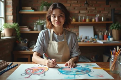 Jeune femme dessinant des masques de carnaval sur du papier aquarelle dans un atelier d'art fait maison