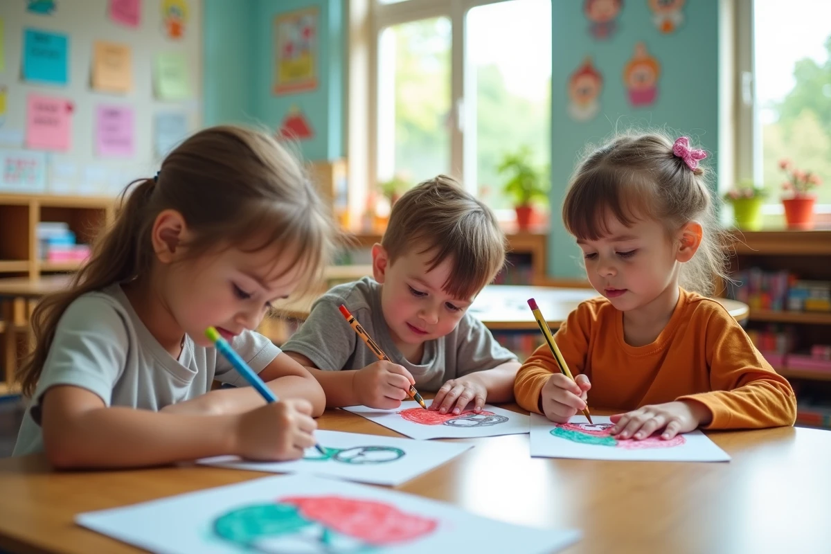 Groupe d'enfants dessinant des masques de carnaval colorés dans une salle de classe artistique