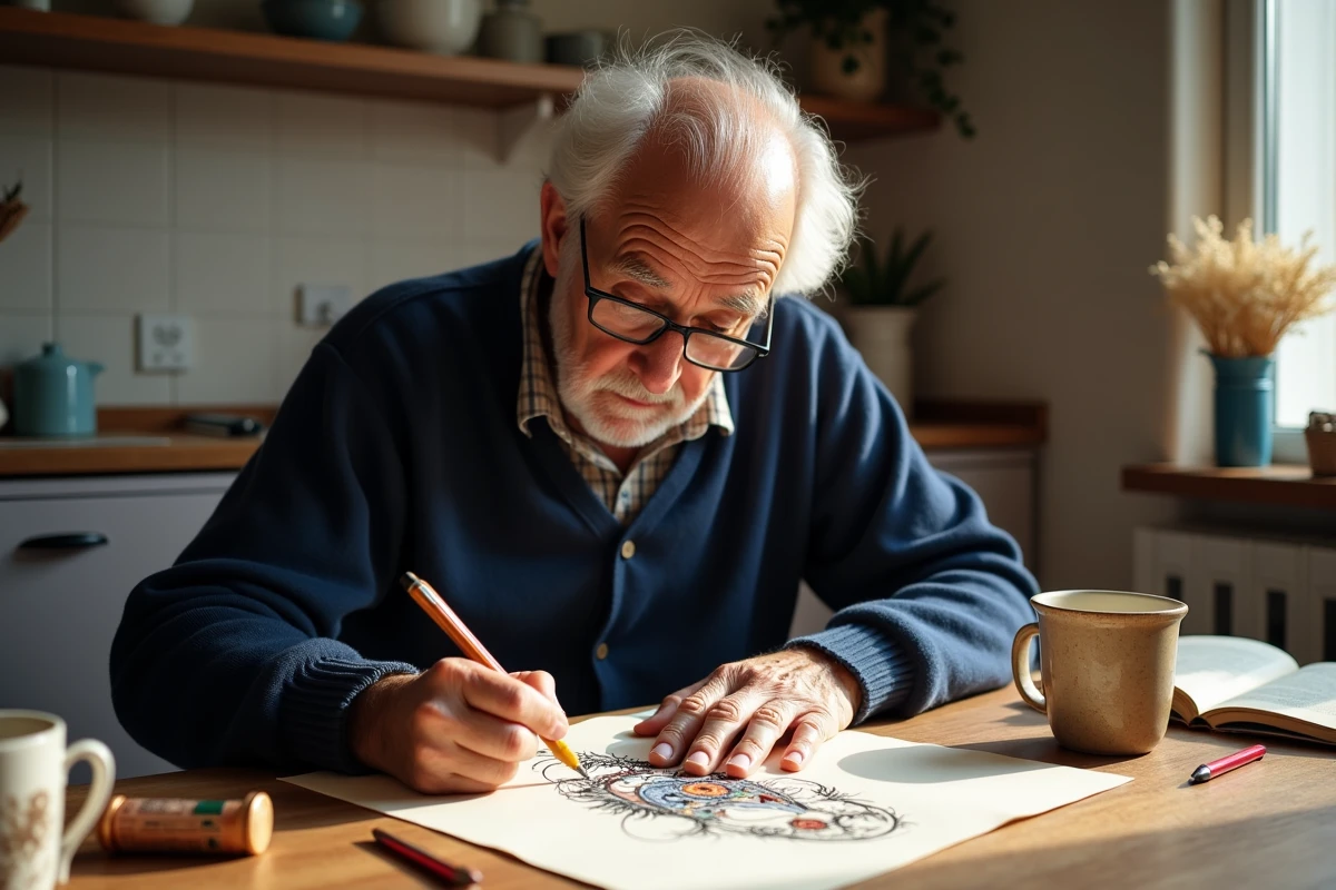 Homme âgé dessinant avec soin un masque vénitien de carnaval avec des stylos à encre à sa table de cuisine
