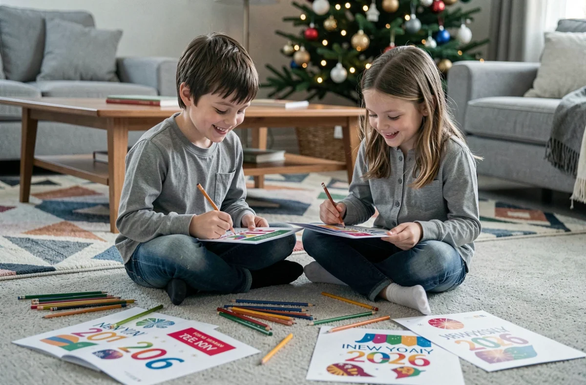 Deux enfants colorient ensemble des cartes de vœux bonne année 2026 sur le tapis du salon