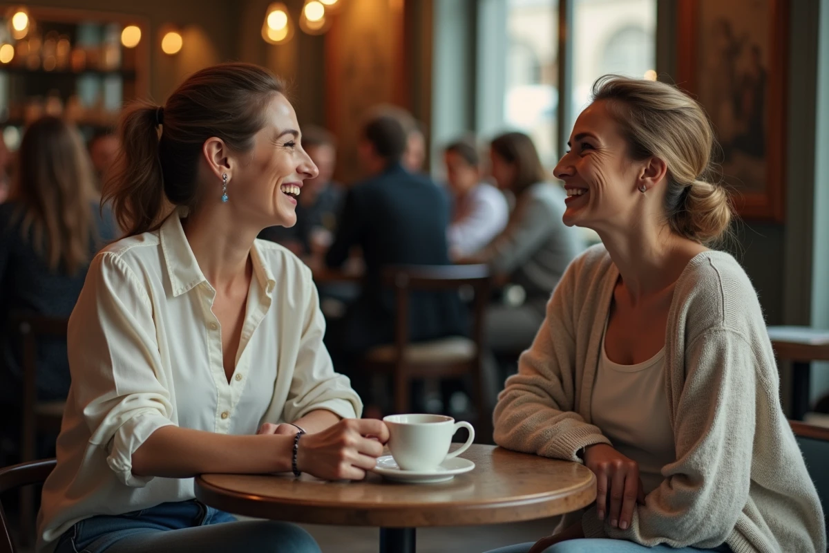 Deux humoristes françaises riant ensemble autour d'un café dans une brasserie parisienne, ambiance conviviale et naturelle