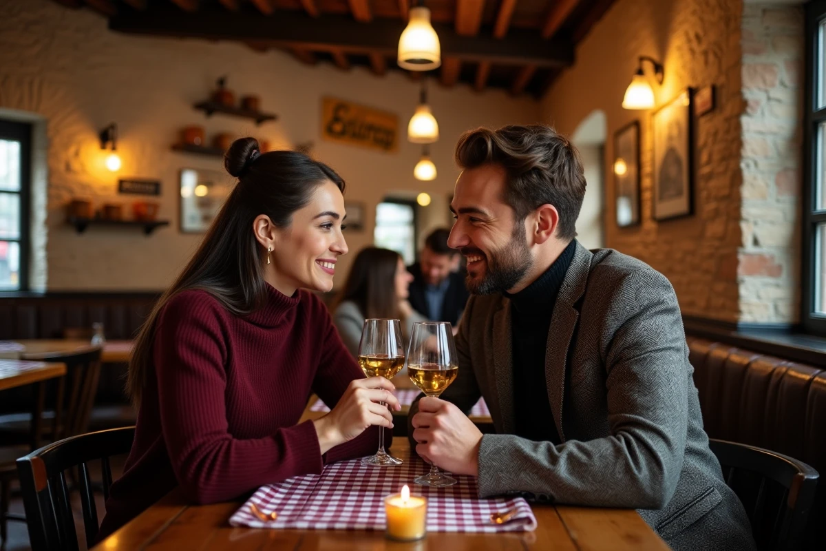 Couple dégustant un verre de vin alsacien dans une winstub traditionnelle de Strasbourg lors d'une sortie romantique