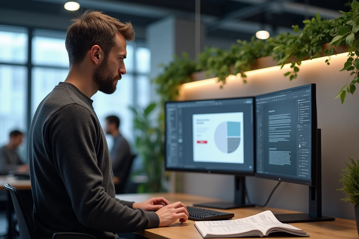 Directeur artistique debout à son bureau double écran personnalisant un texte Lorem Ipsum dans un logiciel de design en open space