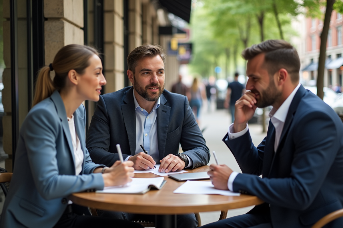 Groupe de professionnels discutant dans un café en plein air