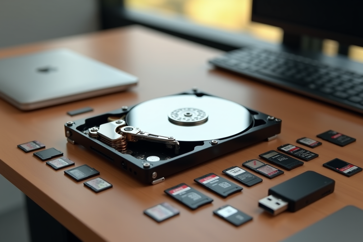 Disque dur externe et SSD avec cartes SD et clés USB sur bureau