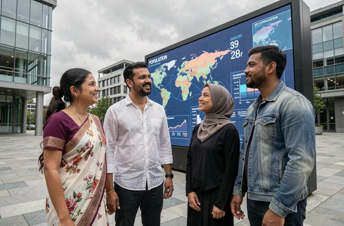 Groupe de personnes du monde entier devant un compteur de population mondiale numérique dans une place publique moderne