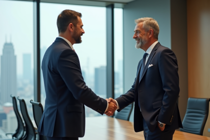 Homme en costume navy serrant la main d'une femme en tenue d'affaires