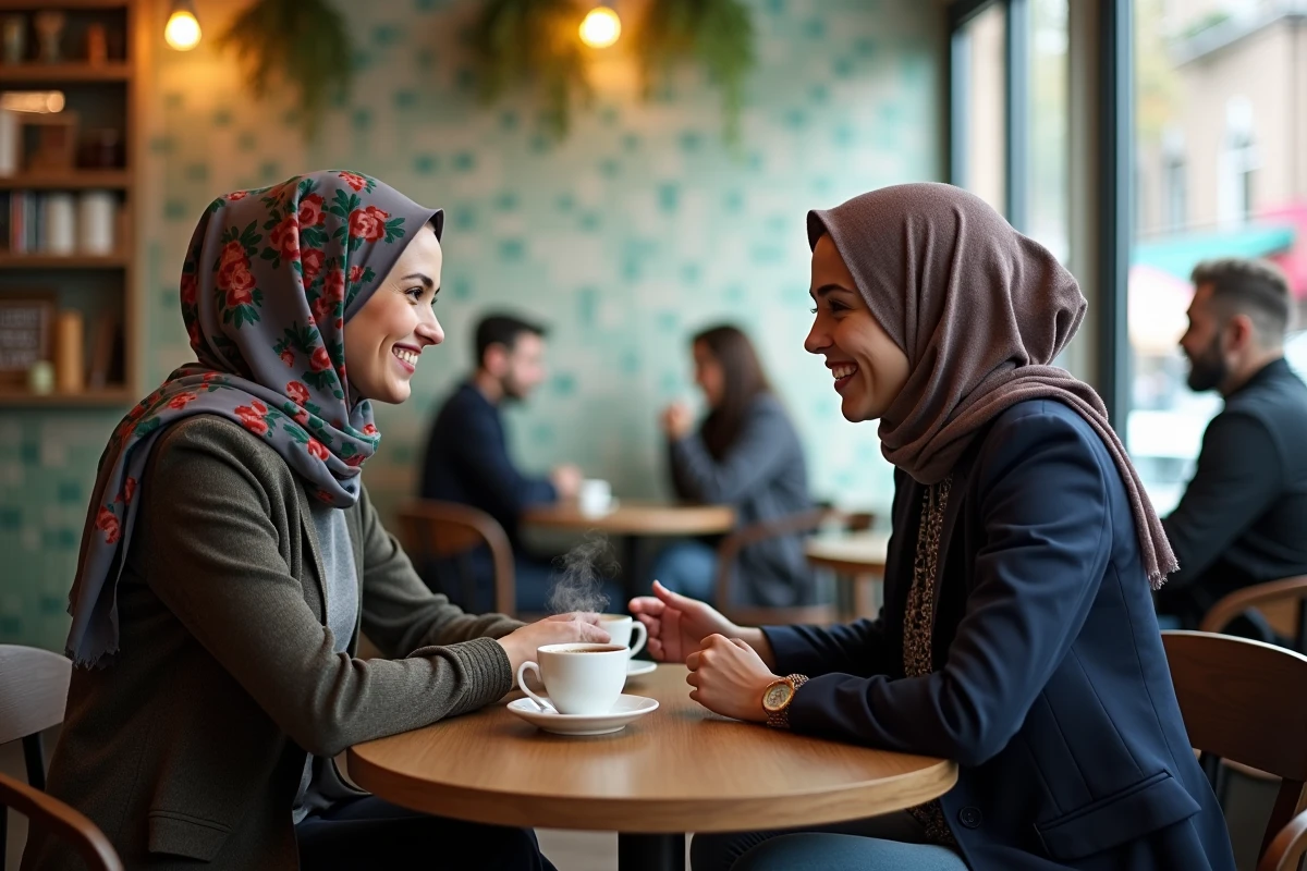 Deux femmes échangeant une carte de vœux pour le ramadan autour d'un thé à la menthe dans un café urbain chaleureux