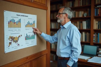 Économiste pointant un graphique de dotation factorielle et de spécialisation internationale affiché sur un tableau de liège dans un bureau universitaire