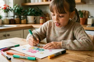 Petite fille qui colorie une carte bonne année 2026 à la table de cuisine
