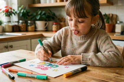 Petite fille qui colorie une carte bonne année 2026 à la table de cuisine
