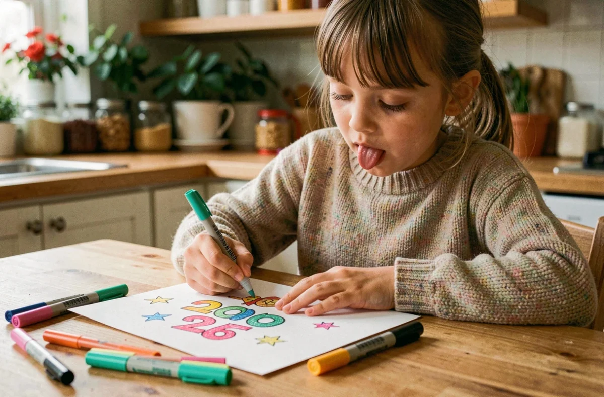 Petite fille qui colorie une carte bonne année 2026 à la table de cuisine