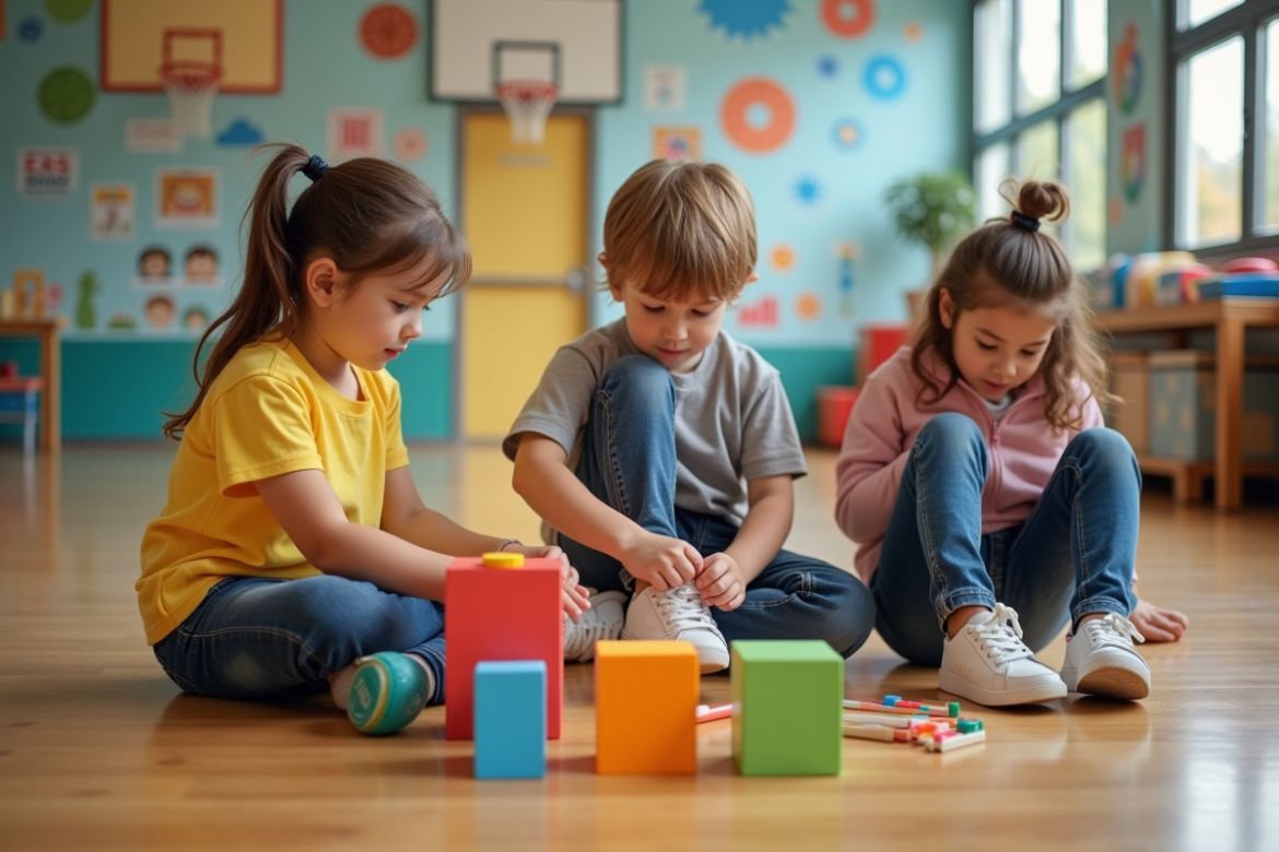 Trois enfants de différents ages dans un centre communautaire