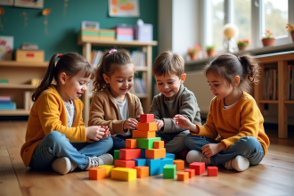 Groupe d'enfants jouant avec des blocs éducatifs en classe