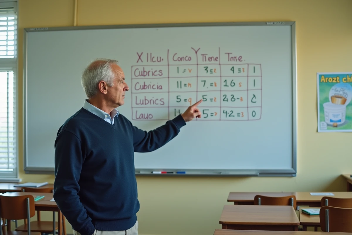 Enseignant pointant un tableau visuel de conversion m3 et litres dessiné à la craie sur un tableau noir de salle de classe