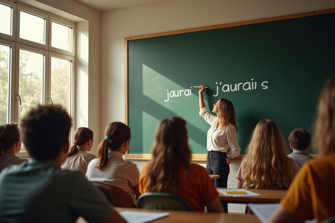 Professeur écrivant jaurai et j'aurais au tableau