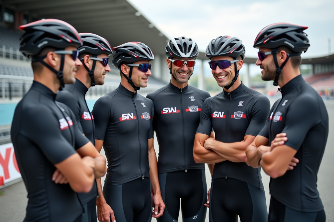 Groupe de cyclistes professionnels en velodrome