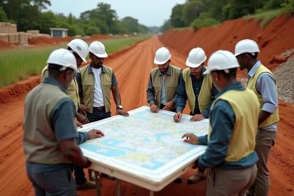 Groupe d'ingénieurs civils autour d'une carte à Abidjan