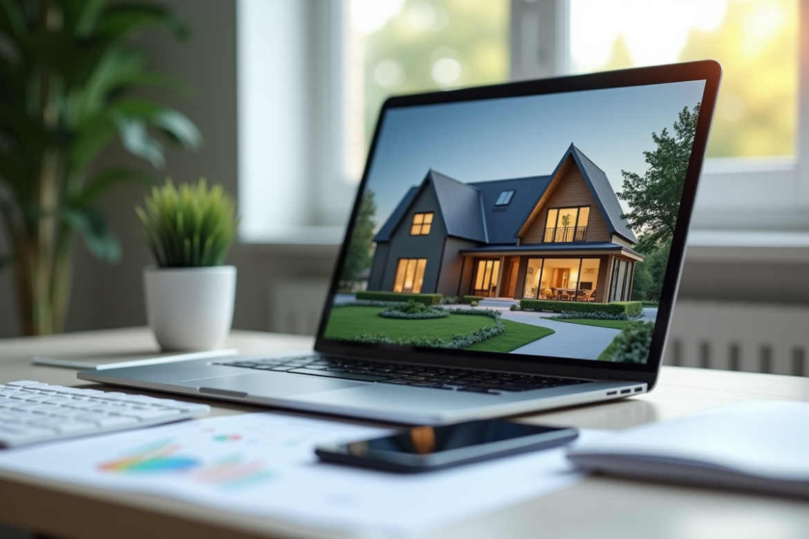 Espace de travail moderne avec modèle 3D de maison