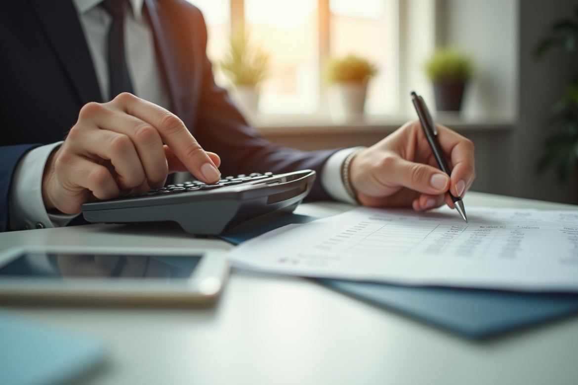Espace de travail moderne avec personne utilisant une calculatrice et écrivant sur une fiche de paie