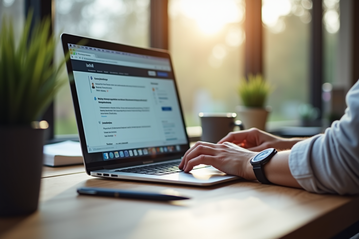 Espace de travail moderne avec ordinateur portable et emails non lus