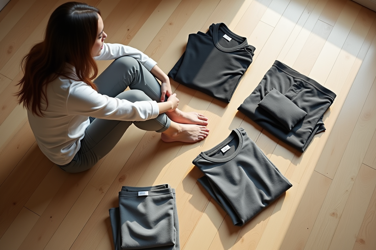 Personne assise sur le sol avec vêtements capsule organisés