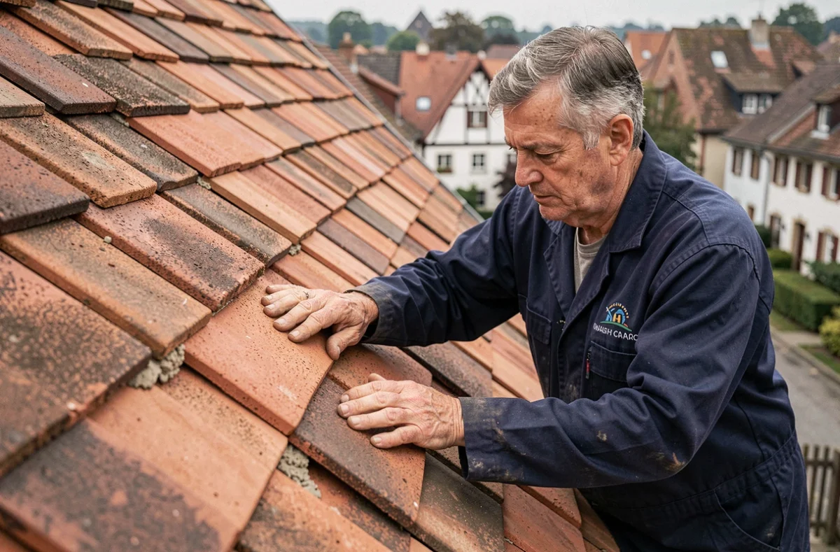 Artisan couvreur de l'entreprise Etienne Clauss Et Fils posant des tuiles alsaciennes sur un toit résidentiel