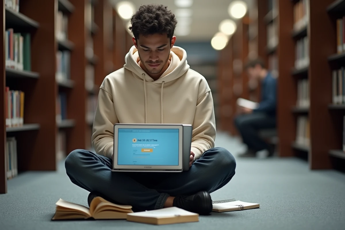 Étudiant utilisant un calculateur en ligne pour convertir des minutes en heures dans une bibliothèque universitaire