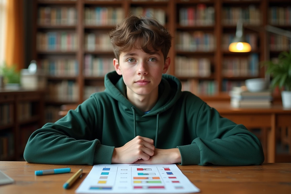 Étudiant consultant une fiche visuelle imprimée de conversion entre m3 et litres posée sur une table de bibliothèque en bois