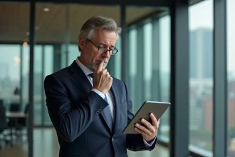 Homme d'affaires en costume bleu dans un bureau moderne
