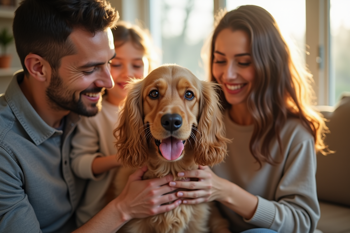 Famille souriante caressant un cocker spaniel adulte à la maison
